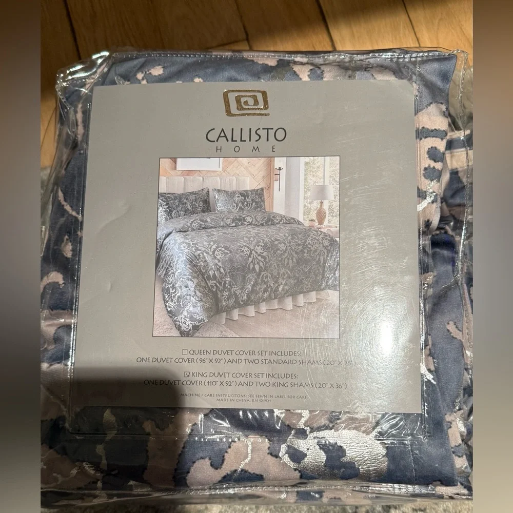 Callisto Home Velvet Metallic Foil King Size 3 Piece Luxury Duvet Cover Set New